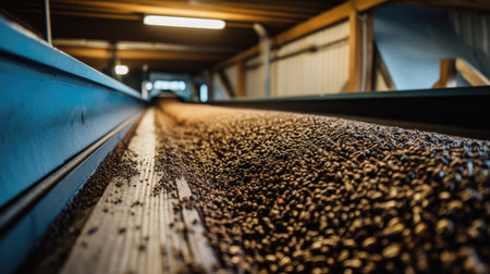 This image showcases a close-up view of coffee beans traveling along a conveyor belt in a processing facility, highlighting the details of the beans and their journey.の素材