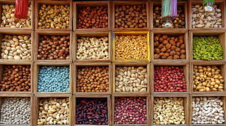 A captivating arrangement of diverse nuts and dry fruits showcases various colors and textures, perfect for food markets or health-themed visuals.の素材