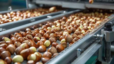 High-quality image of a modern nut processing line featuring hazelnuts moving along a conveyor system, highlighting industrial production efficiency and organization.の素材