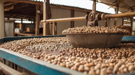 A close-up view of freshly harvested coffee beans undergoing the drying process on a rustic farm, showcasing machinery and vibrant textures.の素材