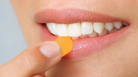 A close-up image featuring a person preparing to consume a gummy dietary supplement, highlighting healthy white teeth and a smile, conveying wellness and nutrition.の素材
