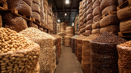 A spacious warehouse filled with an extensive selection of nuts and dried fruits stored in bulk. The image showcases various types of nuts organized in bags, highlighting their diverse textures and colors, perfect for healthy snack options.の素材