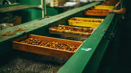 This image showcases a busy almond processing line featuring trays of almonds on a green conveyor, illustrating the modern food production process.の素材