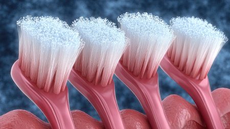 A detailed close-up of four toothbrushes with soft bristles set against a blue background, ideal for illustrating themes of dental care and hygiene.の素材