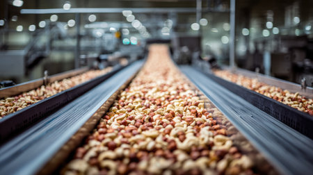 A vibrant image showcasing raw nuts on a conveyor belt in a modern factory. The soft focus background emphasizes the detailed texture of the nuts, highlighting the industrial process of food production.の素材