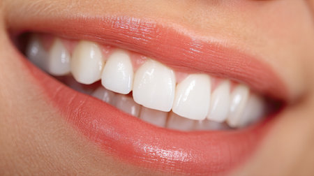 This close-up image captures a vibrant smile with bright white teeth and glossy lips, conveying health, beauty, and confidence in a personal portrait.の素材