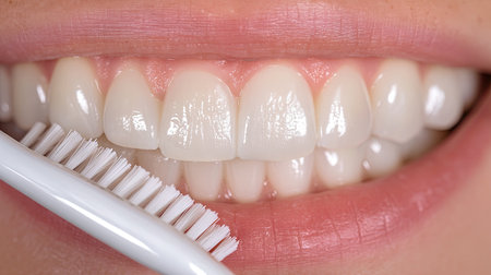 A close-up view of a person brushing their teeth with a white toothbrush, showcasing a clean and bright smile. This image highlights the importance of oral hygiene.の素材
