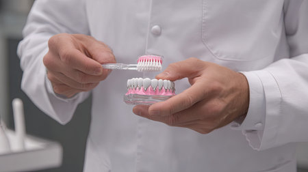 A dentist showcases proper toothbrush technique using a dental model with vibrant gum coloration. The demonstration highlights essential oral care practices in a clinical setting.の素材