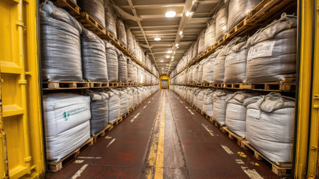 A detailed interior view of a shipping container shows stacked bags on pallets, illustrating storage efficiency in a warehouse environment.の素材