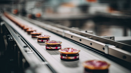 A bustling industrial production line showcasing jars moving seamlessly along a conveyor belt within a modern manufacturing facility.の素材