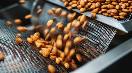 This vibrant image captures fresh almonds in a production line, showcasing the movement and process of food production in an industrial setting.の素材