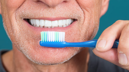 A cheerful elderly man enjoys brushing his teeth with a blue toothbrush, showcasing good oral hygiene practices against a vibrant teal background.の素材