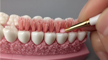 Detailed close-up of a hand using a toothbrush on a dental model, showcasing effective dental hygiene techniques for educational and training purposes.の素材