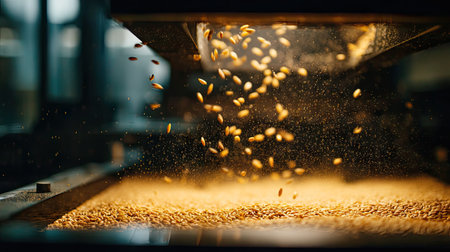 A stunning view of grains cascading from machinery, creating a cloud of dust in an industrial setting, showcasing the beauty of agricultural processing technology.の素材