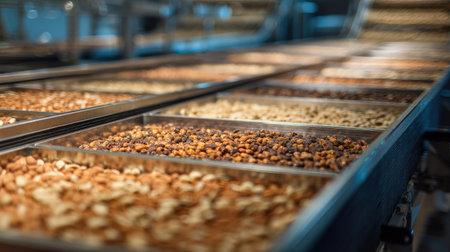 A vibrant display of assorted nuts and dried fruits arranged elegantly in metal trays, showcasing an abundance of flavors and colors ideal for healthy snacking.の素材