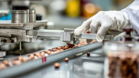 A close-up of a technician in gloves using a handheld device to inspect nuts on a processing line, emphasizing precision and quality control in food manufacturing.の素材