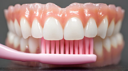 A detailed image of a realistic dental model being brushed with a pink toothbrush, emphasizing the importance of maintaining healthy teeth and gums through effective oral hygiene practices.の素材