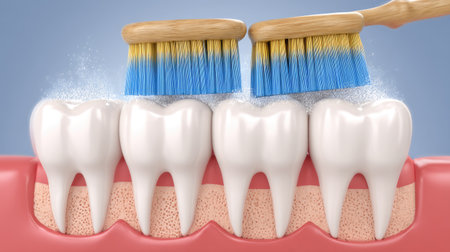 Illustration of a dental hygiene routine featuring toothbrushes and clean teeth. This image highlights the importance of maintaining oral health for a bright smile.の素材