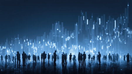A dynamic silhouette of a crowd stands against a visually striking digital landscape, representing technology growth and data analytics.の素材