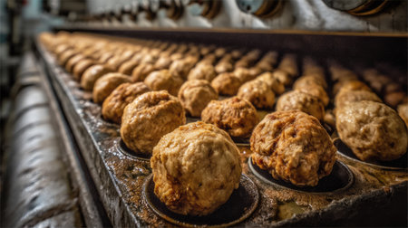 Close-up view of meatballs cooking in a food manufacturing facility, showcasing industrial equipment and the rich texture of savory delights.の素材