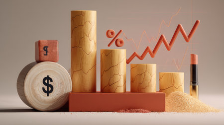 Creative depiction of financial growth featuring wooden bar graphs, a percent symbol, and symbols of investment showcasing the upward trend in wealth.の素材