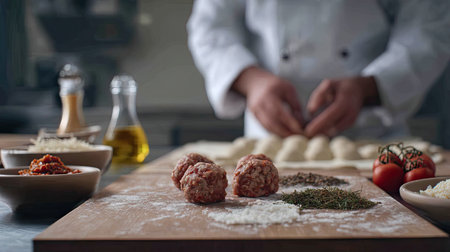 A chef skillfully prepares fresh meatballs while surrounded by herbs and spices, showcasing an elegant culinary process in a professional kitchen.の素材