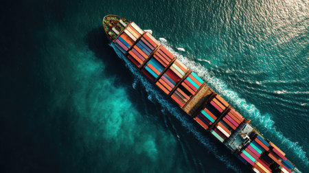 A captivating aerial view of a cargo ship loaded with colorful containers navigating through the deep blue ocean waves, showcasing maritime industry.の素材