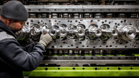 A focused worker meticulously performs precision machining in an industrial environment, showcasing the art of craftsmanship and technology in manufacturing.の素材