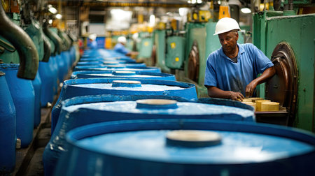 A dedicated worker performs precise tasks in a bustling factory, surrounded by vibrant blue barrels, illustrating modern manufacturing processes.の素材
