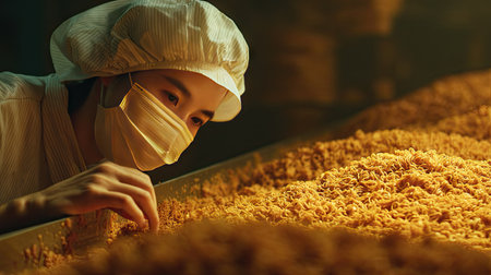A dedicated worker inspects raw noodles in a food production facility, highlighting commitment to quality and hygiene in culinary processes.の素材