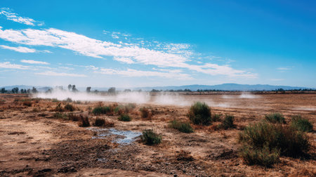 A serene view of a dusty landscape under a vivid blue sky, showcasing sparse vegetation and distant mountains, illustrating the beauty of arid environments.の素材