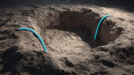 This stunning image showcases an excavated area of earth enhanced with neon curves, ideal for various creative projects and artistic designs.の素材