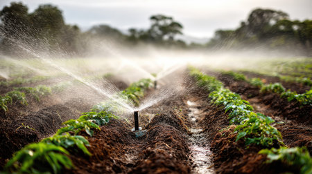 This serene image captures an advanced irrigation system in action, delivering essential water to lush green fields during sunrise, showcasing modern agricultural practices.の素材
