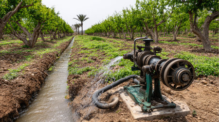 A water pump is actively irrigating a fertile agricultural field filled with lush green fruit trees, showcasing the essential role of water in farming.の素材