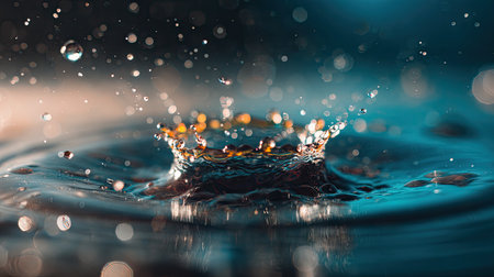 A stunning close-up image captures the moment of a water droplet splashing, creating mesmerizing ripples and illuminated particles in the background.の素材