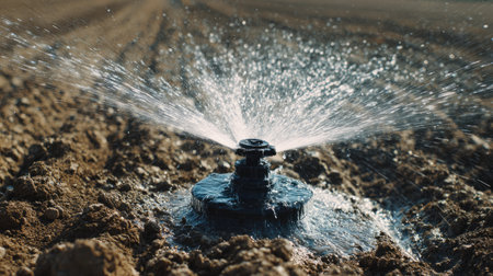 A close-up view of a garden sprinkler in action, spraying water over dry soil in an agricultural field under bright sunlight, showcasing irrigation technology.の素材