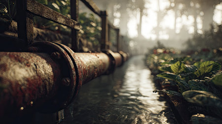 A captivating view of a rusty pipe surrounded by lush greenery and reflective water, shrouded in mist. This image evokes tranquility in a natural setting.の素材