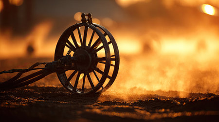 A stunning close-up image of a vintage wheel captured in soft sunrise light, surrounded by mist that creates an ethereal atmosphere and highlights intricate details.の素材