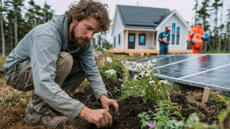 A young man kneels in a garden, planting flowers in rich soil, with solar panels in the background, showcasing sustainable living practices and community effort.の素材