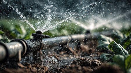 This image captures a close-up view of irrigation sprinklers dispensing water, showcasing soil and crops in an agricultural field. The vibrant droplets illustrate the importance of water in farming.の素材