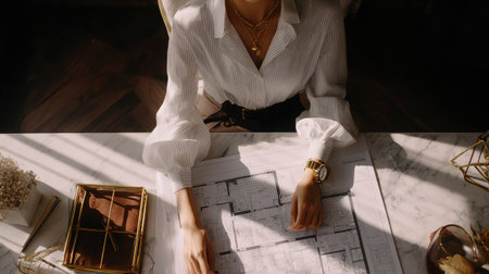 A sophisticated woman examines architectural plans in her stylish office, illuminated by soft natural light. This image captures creativity and professionalism, showcasing details like elegant jewelry and a modern workspace, ideal for design and business concepts.の素材