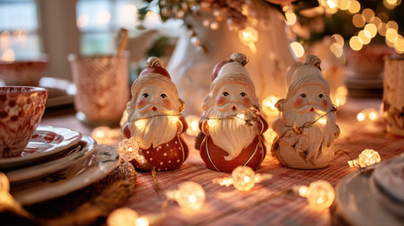 Adorn your holiday gatherings with enchanting Santa figurines, twinkling lights, and chic tableware, creating a magical celebration atmosphere.の素材