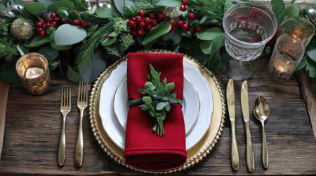 Create an inviting atmosphere with this elegant holiday table setting featuring a red napkin and fresh greenery on a rustic wooden surface, perfect for festive gatherings.の素材