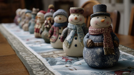 A heartwarming collection of cute snowman figurines adorns a festive table runner, adding warmth and charm to any winter holiday gathering.の素材