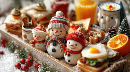 A delightful winter food arrangement featuring charming snowman decorations alongside a variety of colorful treats and drinks, evoking holiday cheer.の素材