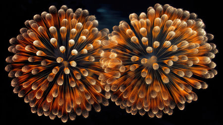 A stunning fireworks display featuring radiant orange hues and bright sparks illuminating the night sky, creating a mesmerizing visual spectacle perfect for celebrations.の素材