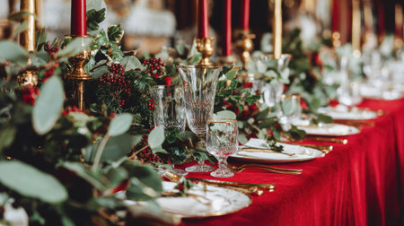 A beautifully arranged holiday dining table features elegant glassware, red candles, lush greenery, and rich red linens, creating a festive atmosphere for celebrations.の素材