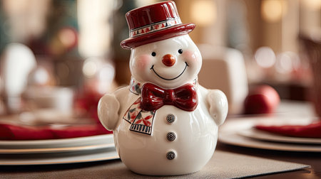 A delightful snowman figurine with a bright smile stands on a festive table adorned with red and white decorations, perfect for holiday celebrations.の素材