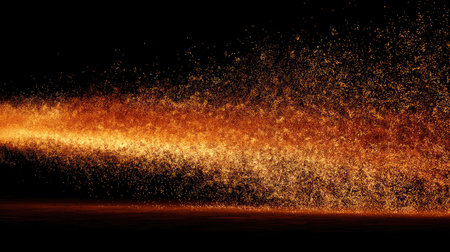 Captivating golden sparks radiate with intensity against a deep black backdrop, creating a mesmerizing display of light and motion perfect for artistic visual projects.の素材