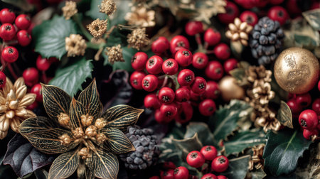 A beautifully arranged collection of red berries, lush green leaves, and elegant gold accents ideal for seasonal decor, bringing a touch of festive beauty.の素材